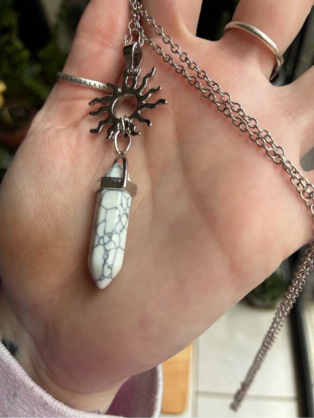 Celestial Sunburst & White Howlite Crystal Point Necklace | Silver Boho Pendant - Picture 7 of 7